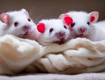Two white rats with red eyes and pink ears are cuddling in a fluffy bed.